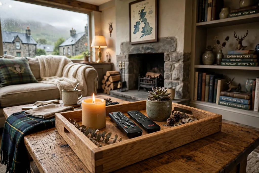 Oak tray on a coffee table holding a candle, remotes, and a small plant