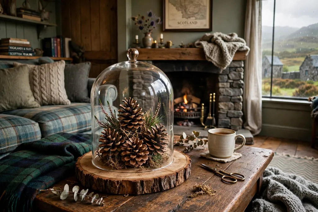 Glass cloche covering pine cones on a wood slice on a coffee table