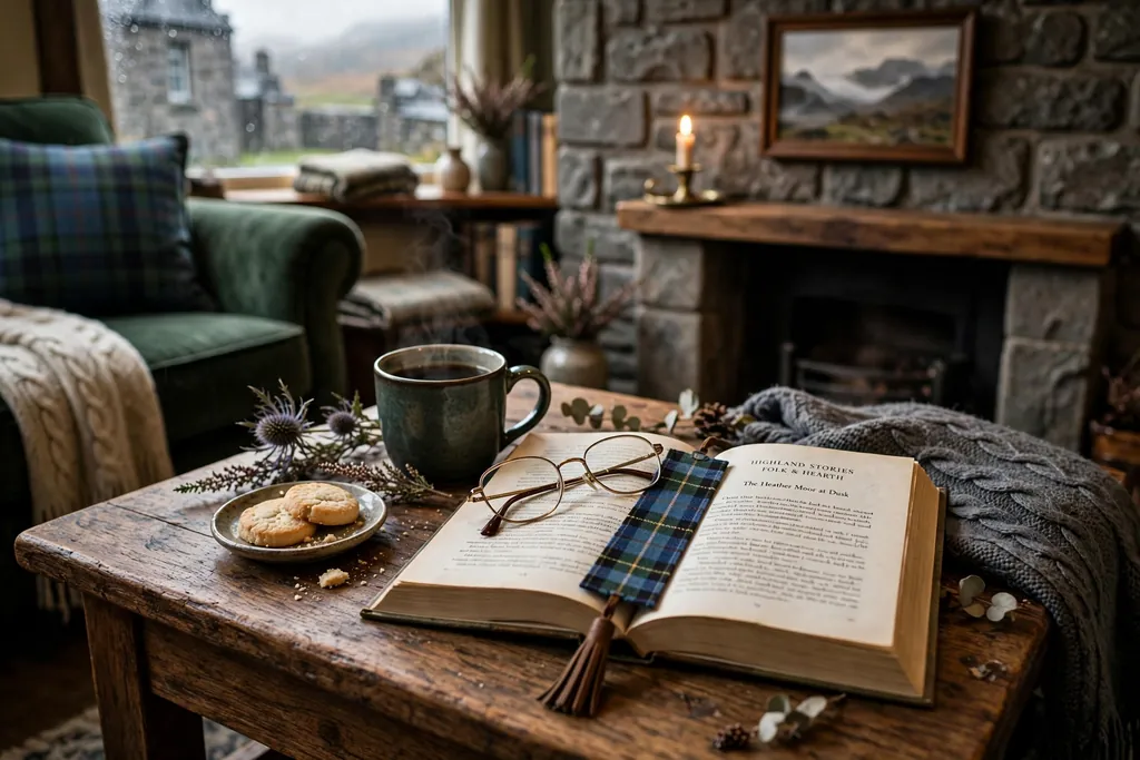 Coffee table reading corner with a book, reading glasses, and a bookmark