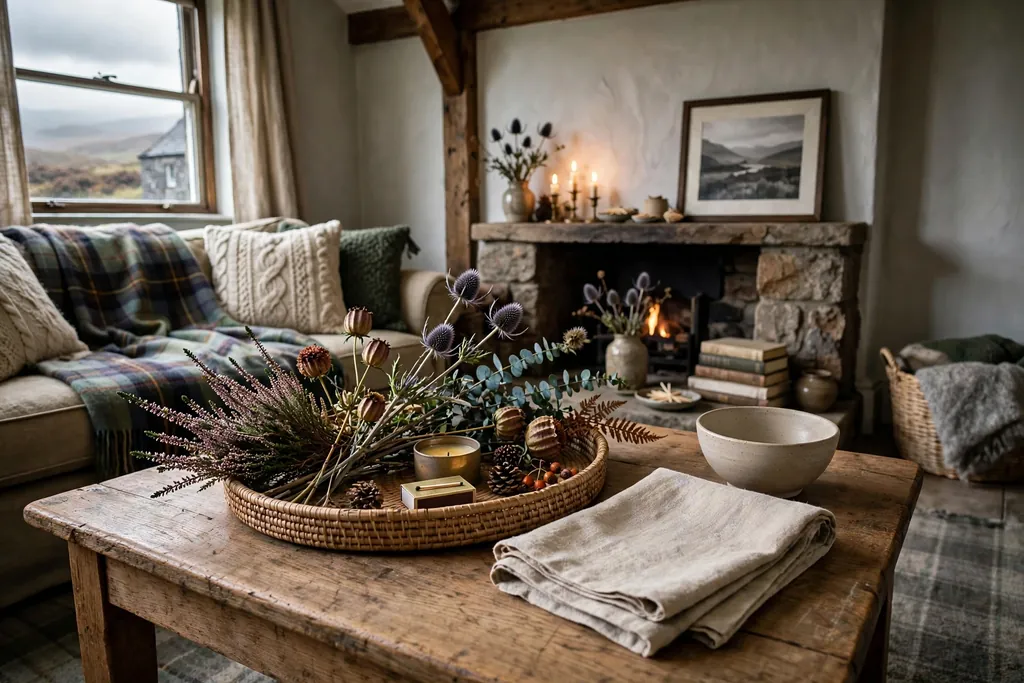 Coffee table tray with seasonal stems and a spare runner and bowl beside it for swapping