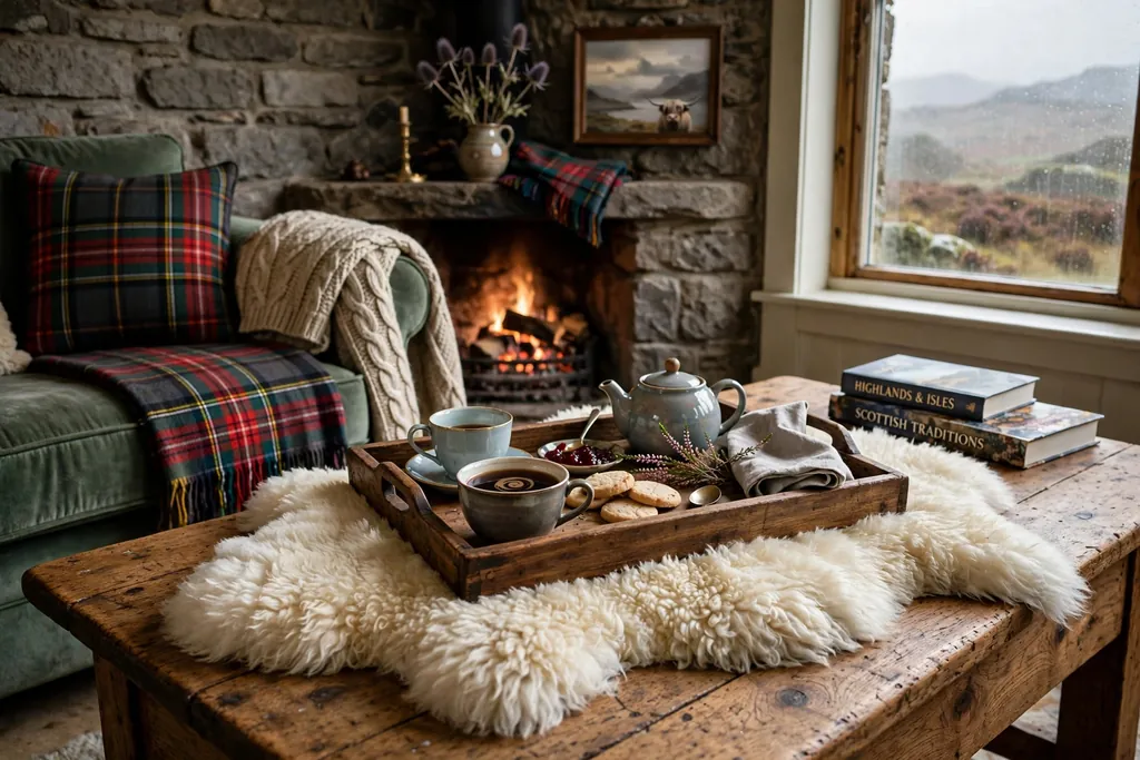 Sheepskin pad under a tray on a coffee table