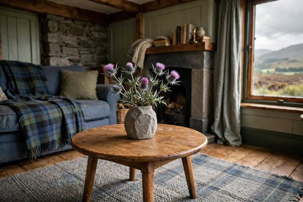 Small round coffee table with a single stone vase of thistles as the only centrepiece