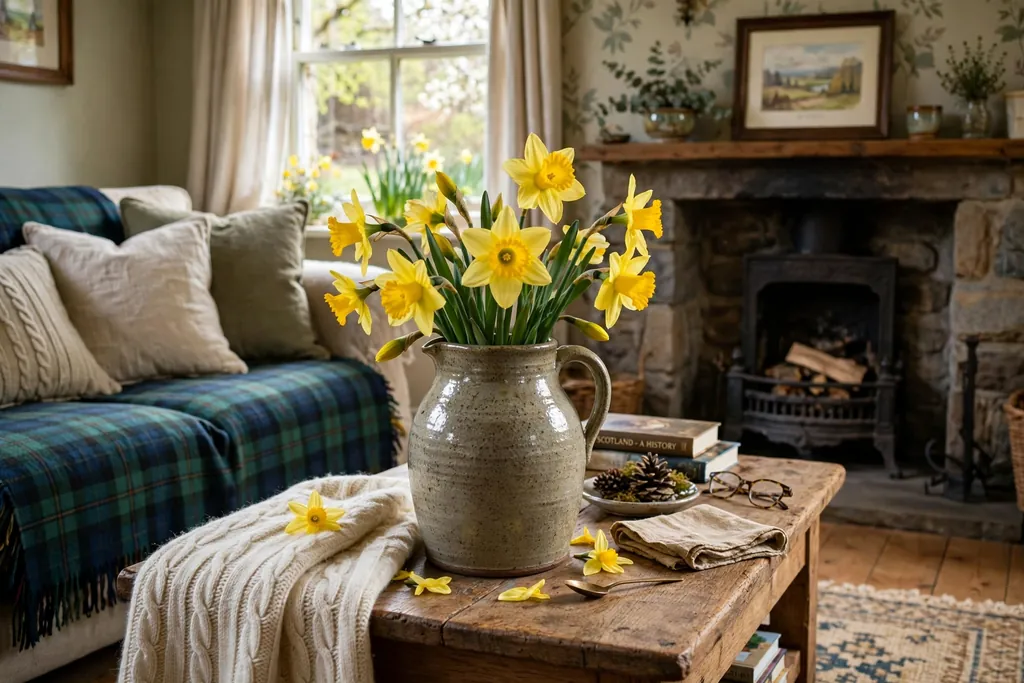 Stoneware jug with daffodils on a coffee table in spring light