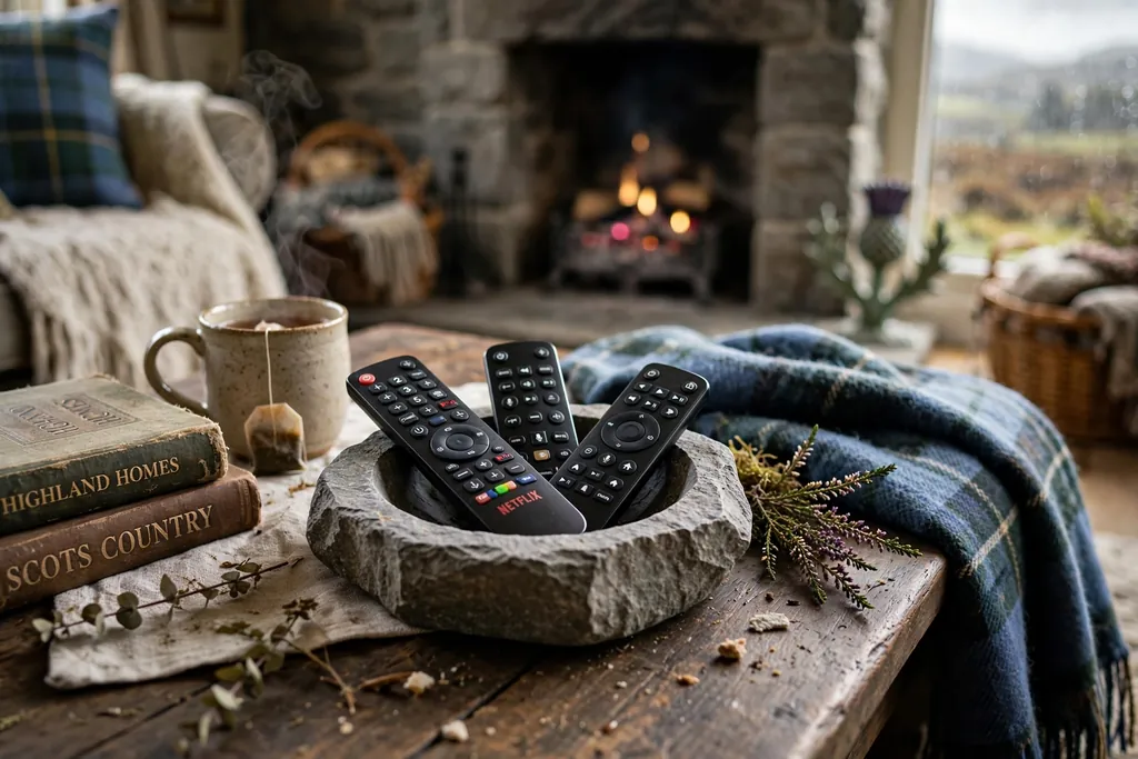 Small stone dish holding remotes on a coffee table corner