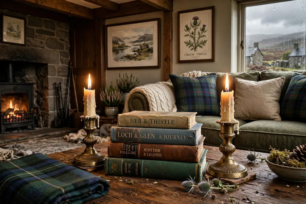 Book stack flanked by two matching candle holders on a coffee table