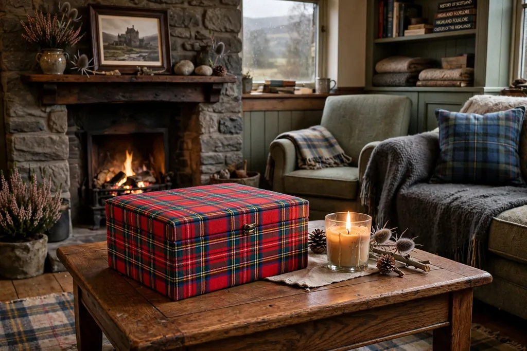 Tartan covered lidded box on a coffee table beside a candle