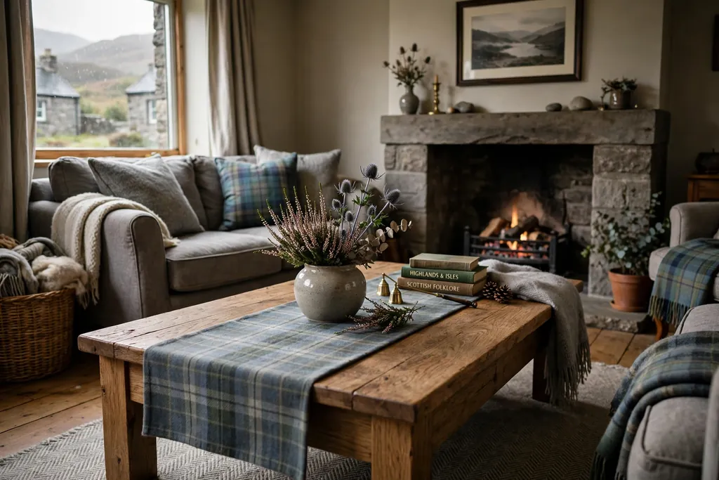 Wood coffee table with a muted tartan runner down the centre and a low vase