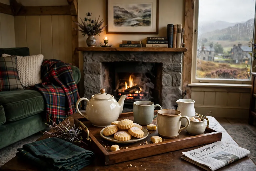 Tea tray with a teapot, mugs, and shortbread on a coffee table