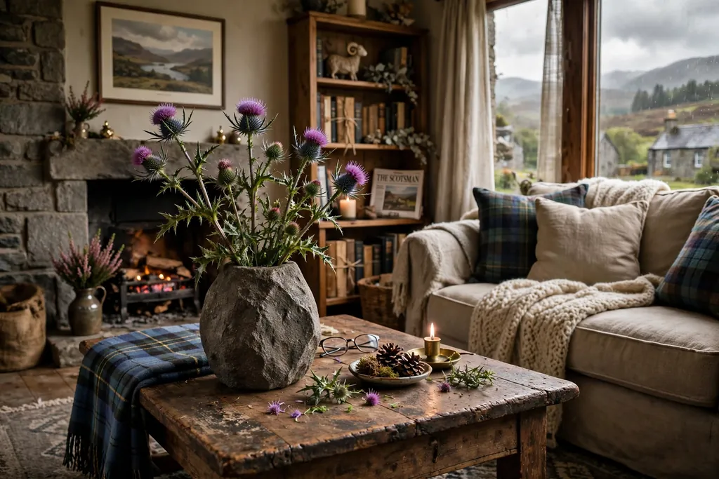 Stone vase with thistle stems on a coffee table in a living room