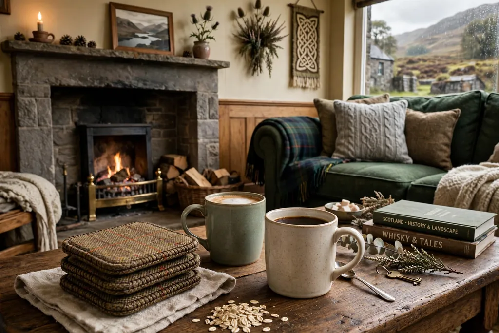 Tweed coasters stacked beside mugs on a coffee table