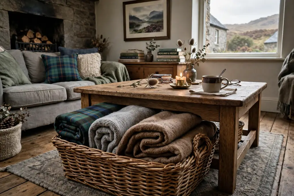 Woven basket slid under a coffee table holding folded throws