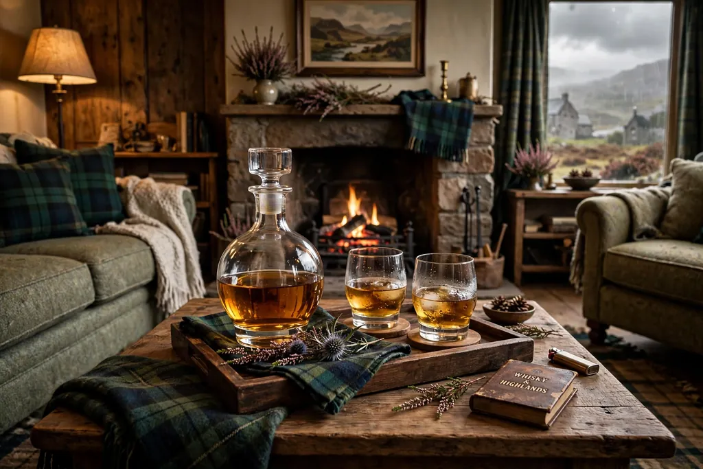 Whisky decanter and two glasses on a small tray on a coffee table