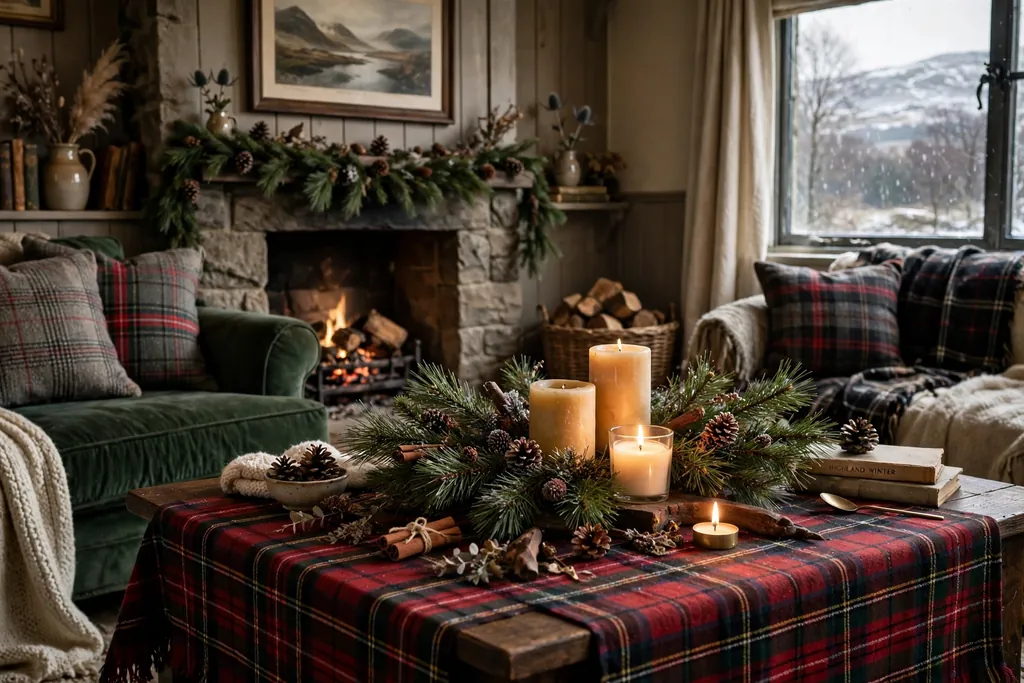 Winter coffee table centrepiece with a tartan runner, pine branches, and candles
