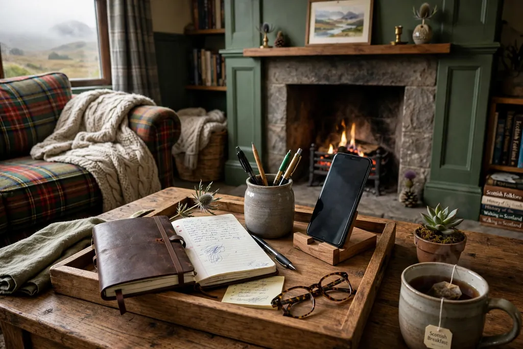 Work tray on a coffee table with a notebook, pen pot, and phone stand
