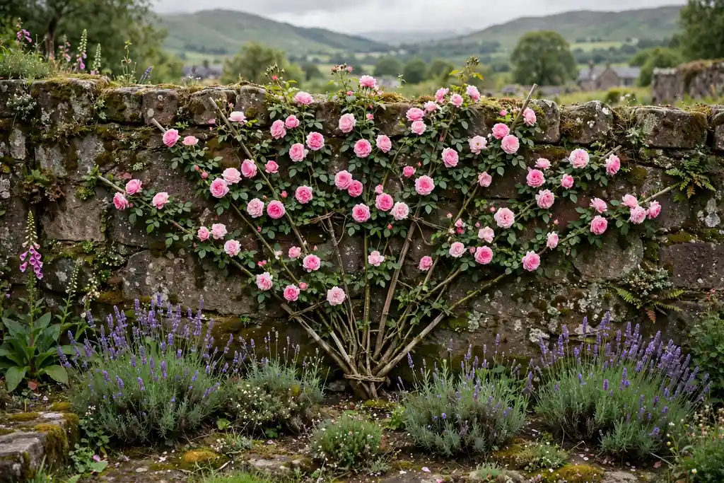 Climbing roses trained in a fan shape on a stone garden wall.