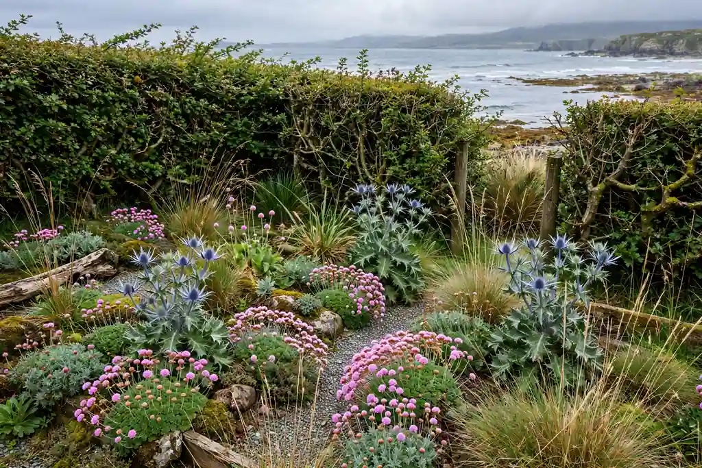 Coastal garden sheltered by a windbreak hedge with thrift and sea holly.