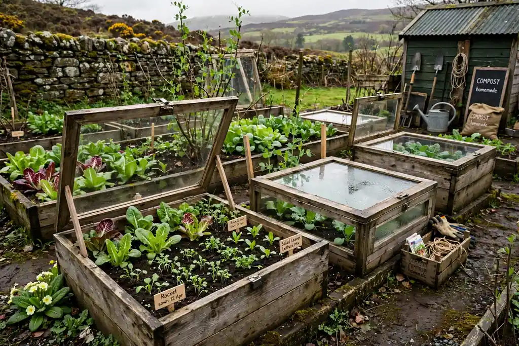 Cold frames on allotment beds with salads and young seedlings.