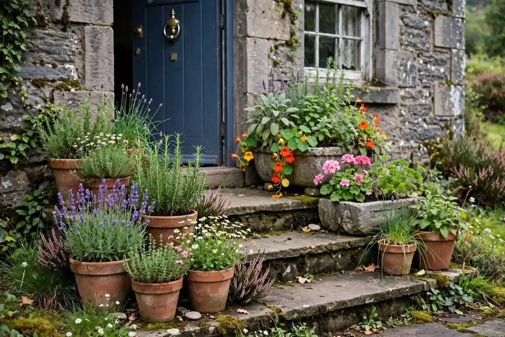 Containers of herbs and flowers grouped on patio steps by a door.