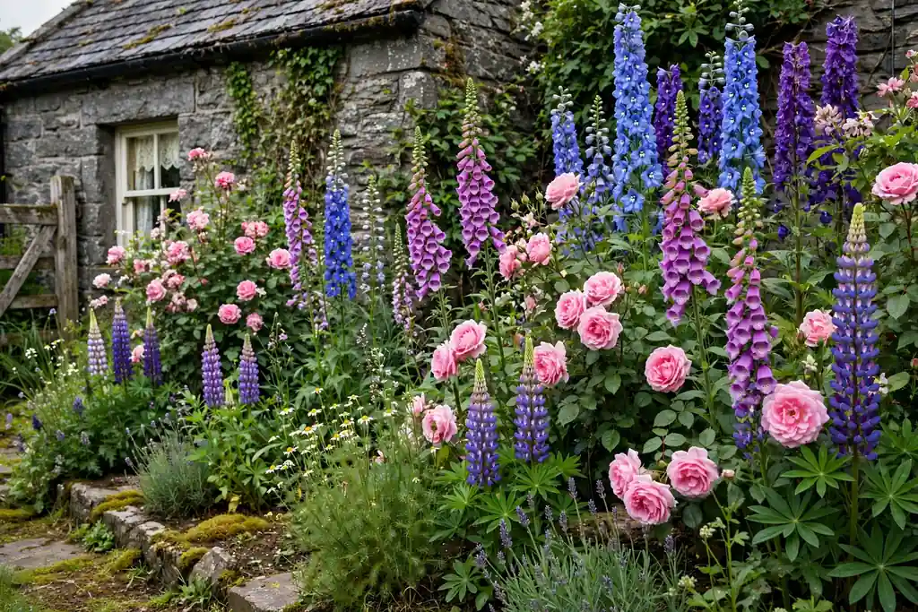 Cottage border with roses, foxgloves, lupins, and delphiniums in bloom.