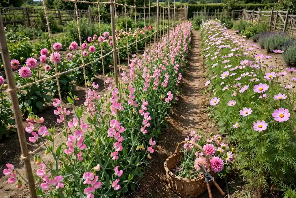 Cutting garden with rows of sweet peas, cosmos, and dahlias.