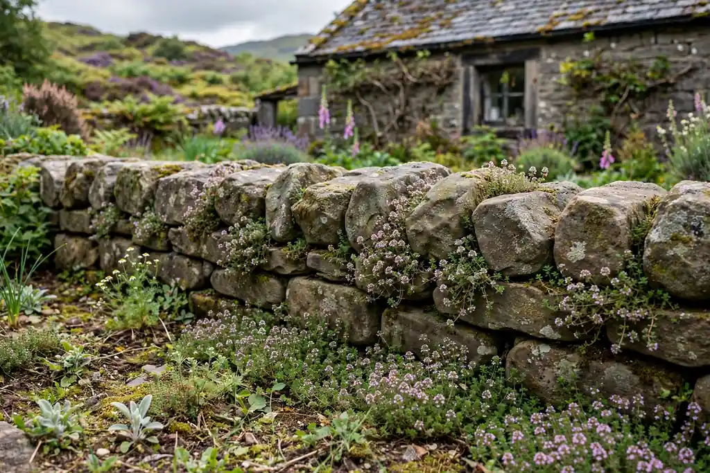 Low dry stone wall edging a garden bed with creeping thyme in the gaps.