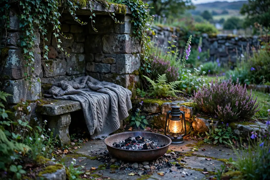 Sheltered garden nook with a stone bench, a fire bowl, and a lantern.