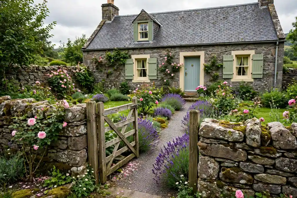Front garden framed by a low stone wall and a simple wooden gate.
