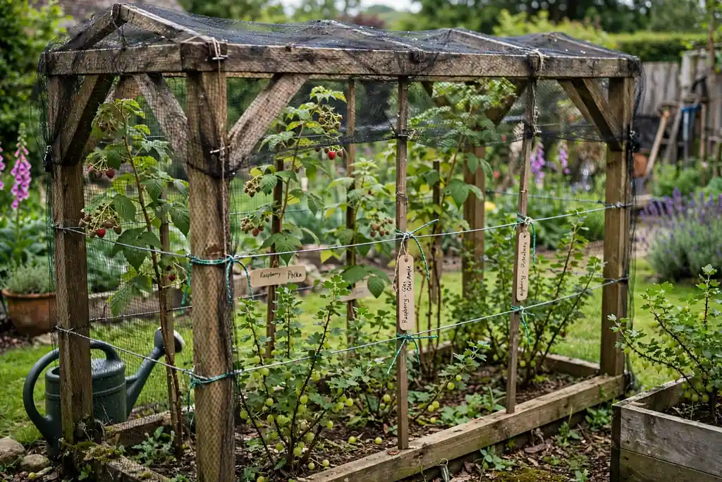 Soft fruit cage with raspberry canes, gooseberry bushes, and netting.