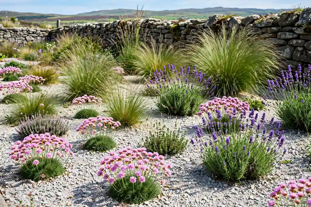 Gravel garden with ornamental grasses, thrift, and lavender.