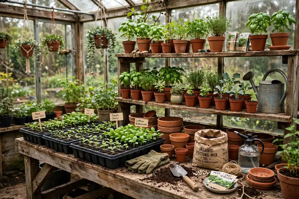 Greenhouse potting corner with a bench, seed trays, and shelves.