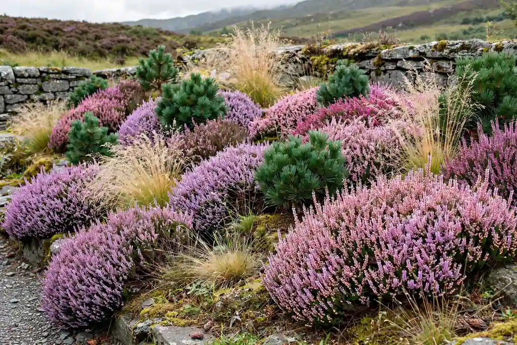 Heather bed with purple and pink heathers, dwarf conifers, and grasses.