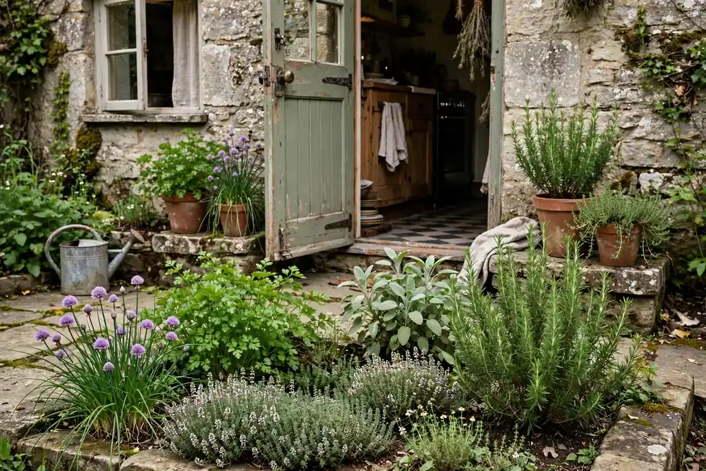 Herb garden by a kitchen door with thyme, rosemary, sage, and chives.