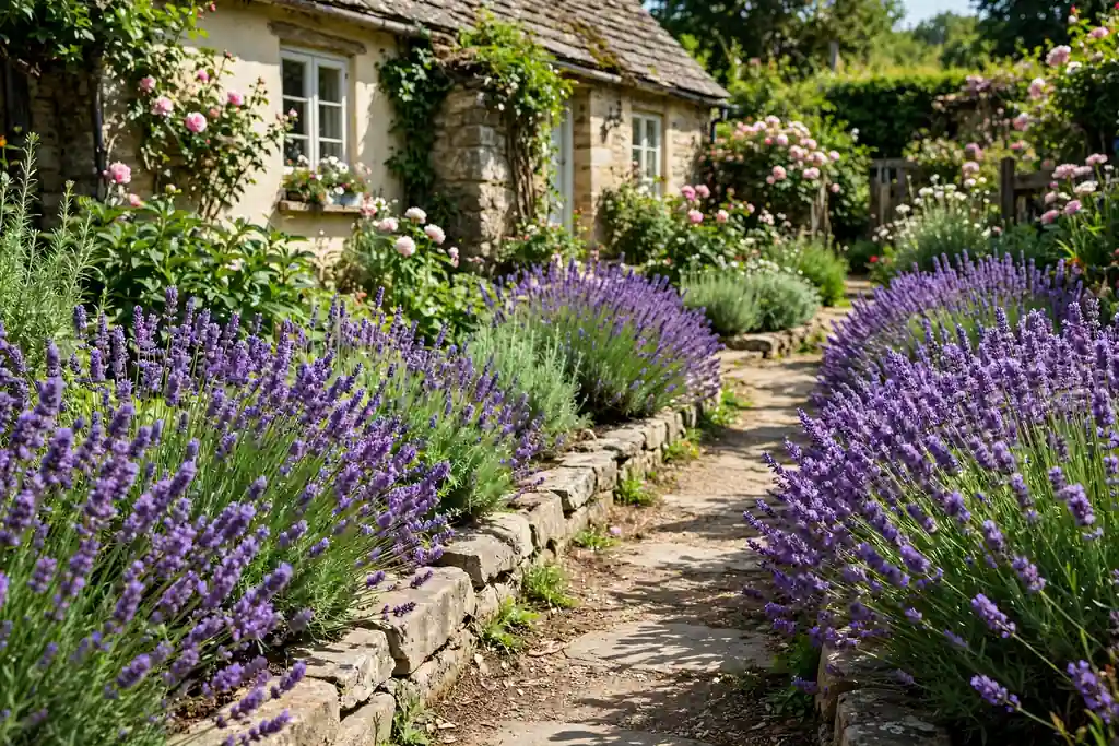 Garden path lined with lavender in bloom beside a stone edge.