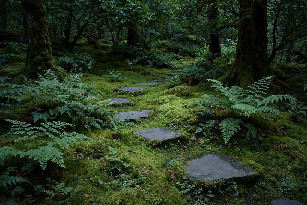 Moss garden in deep shade with ferns and stepping stones.