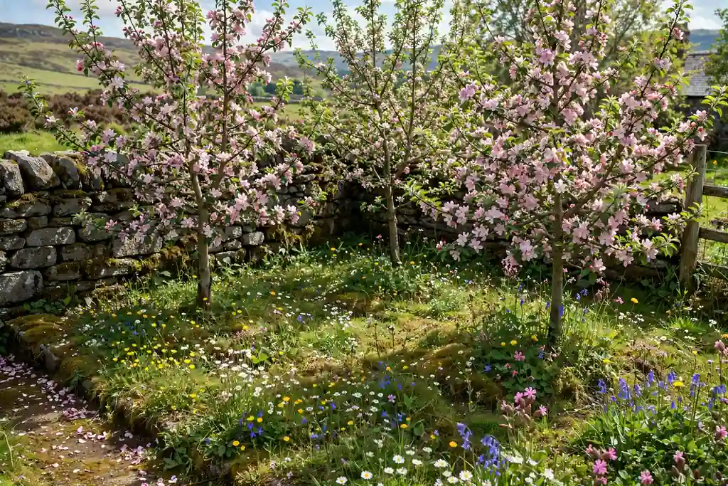 Orchard corner with small apple trees in blossom and wildflowers below.