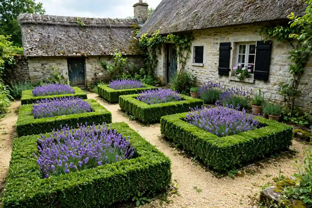 Small boxwood parterre with gravel paths and lavender filled beds.