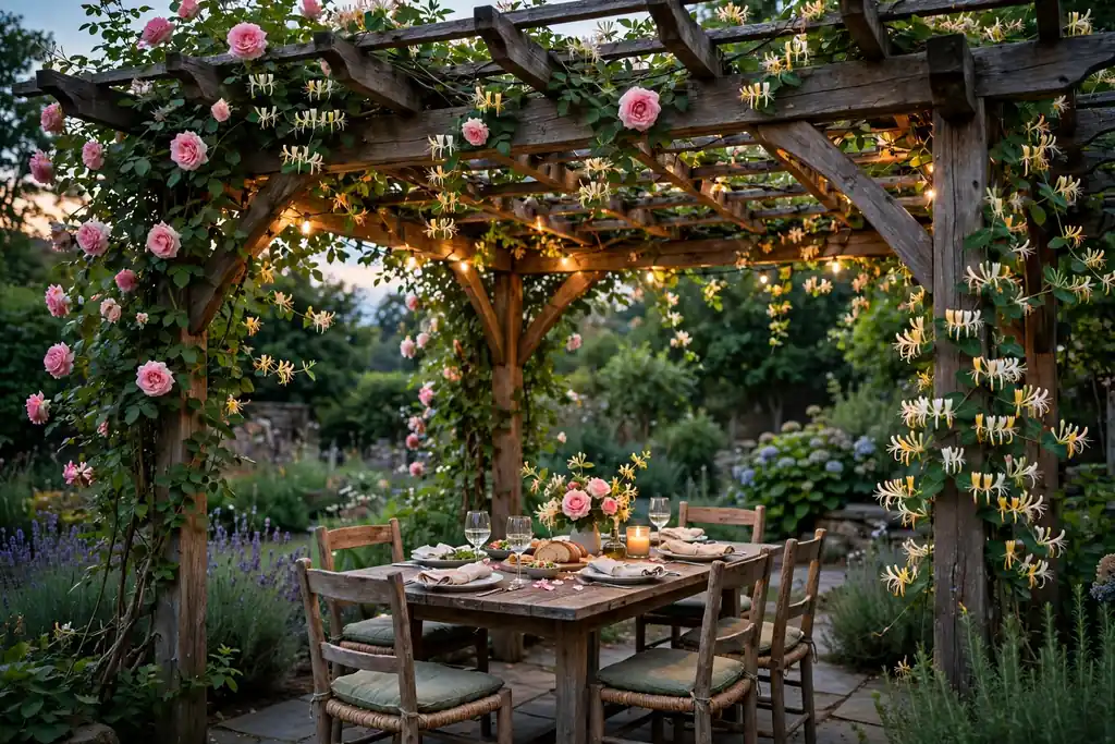 Pergola with climbing roses and honeysuckle over a garden dining table.