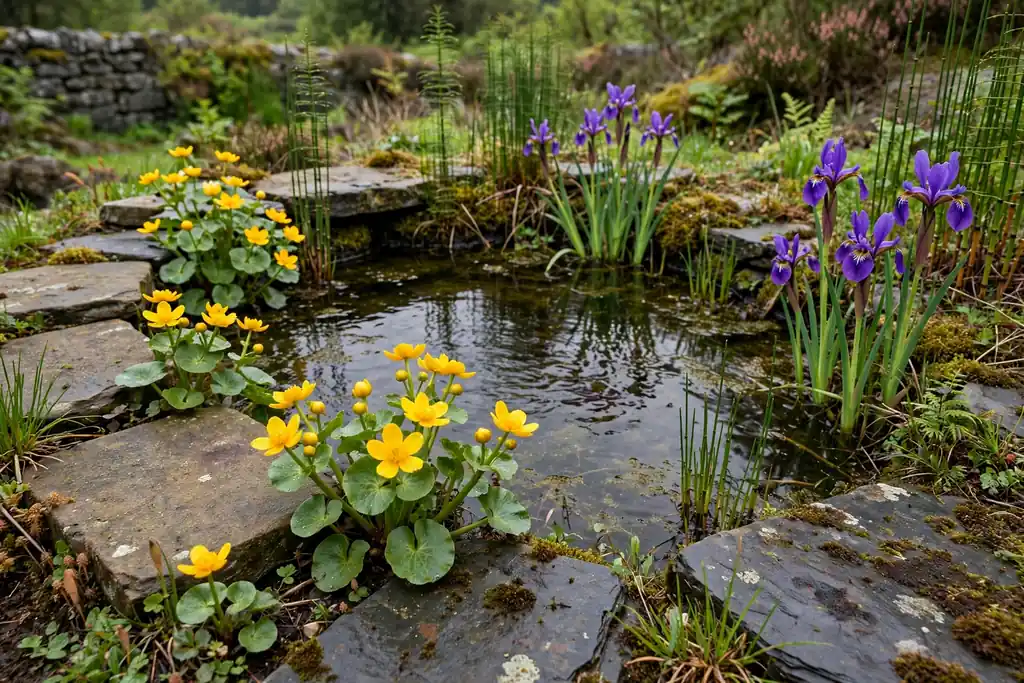 Wildlife pond with a flat stone edge, water iris, and marsh marigold.