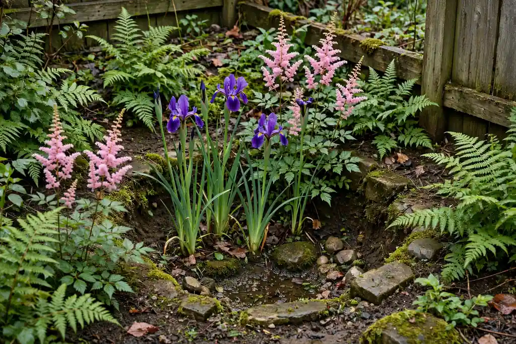 Rain garden hollow planted with irises, astilbe, and ferns.
