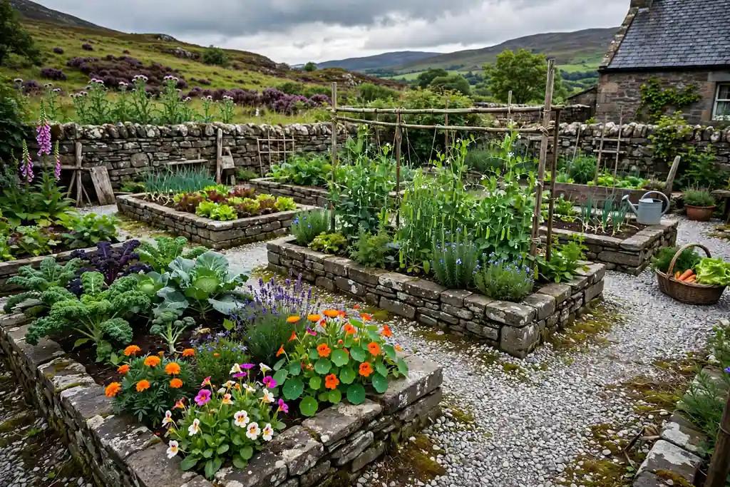 Stone raised beds planted with vegetables and flowers.