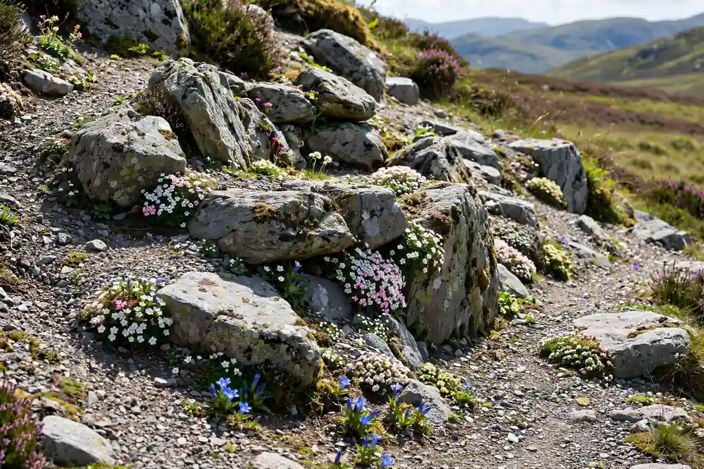 Highland rock garden with large grey stones, alpines, and gravel.