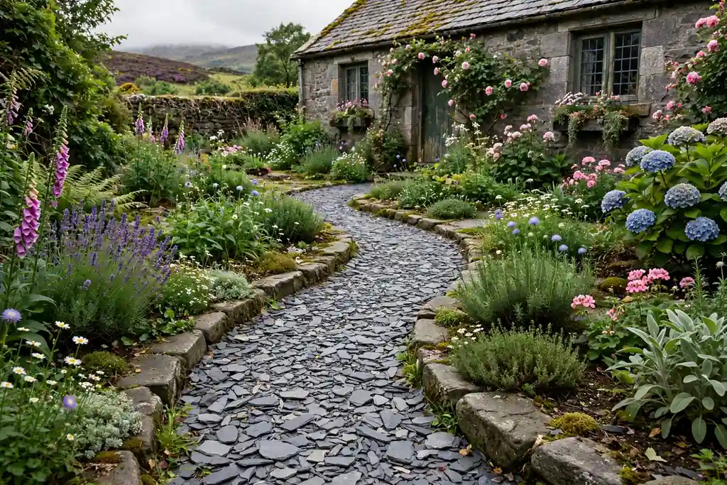 Garden path of whinstone and slate chips edged with stone.