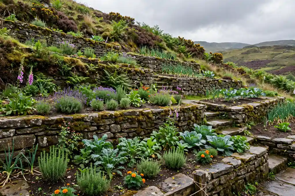 Terraced slope garden with stone walls, steps, and level beds.