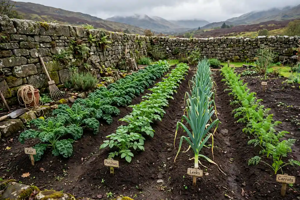 Vegetable patch with kale, potatoes, leeks, and carrots in rows.