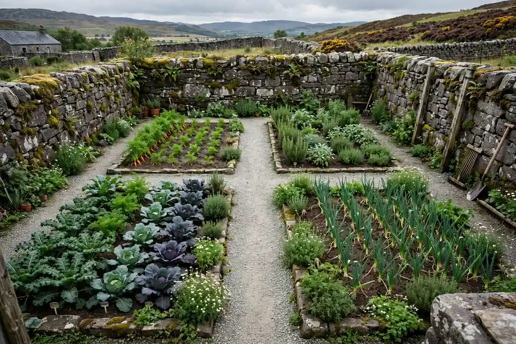 Walled kitchen garden with four vegetable beds and a gravel path.