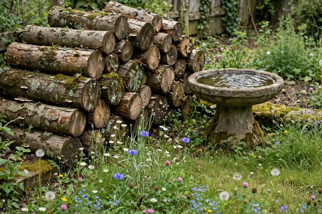 Wildlife corner with a log pile, a bird bath, and unmown grass.