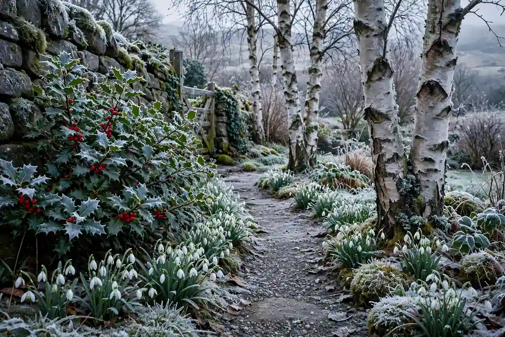 Winter garden with holly, berries, birch bark, and snowdrops.