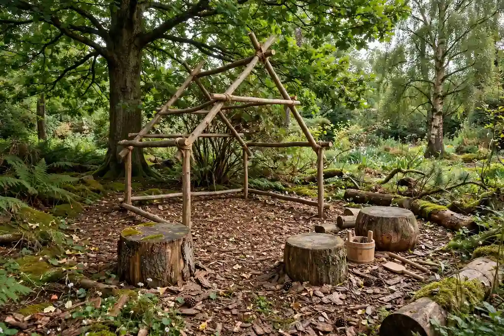 Woodland play corner with log seats, a den frame, and bark ground.