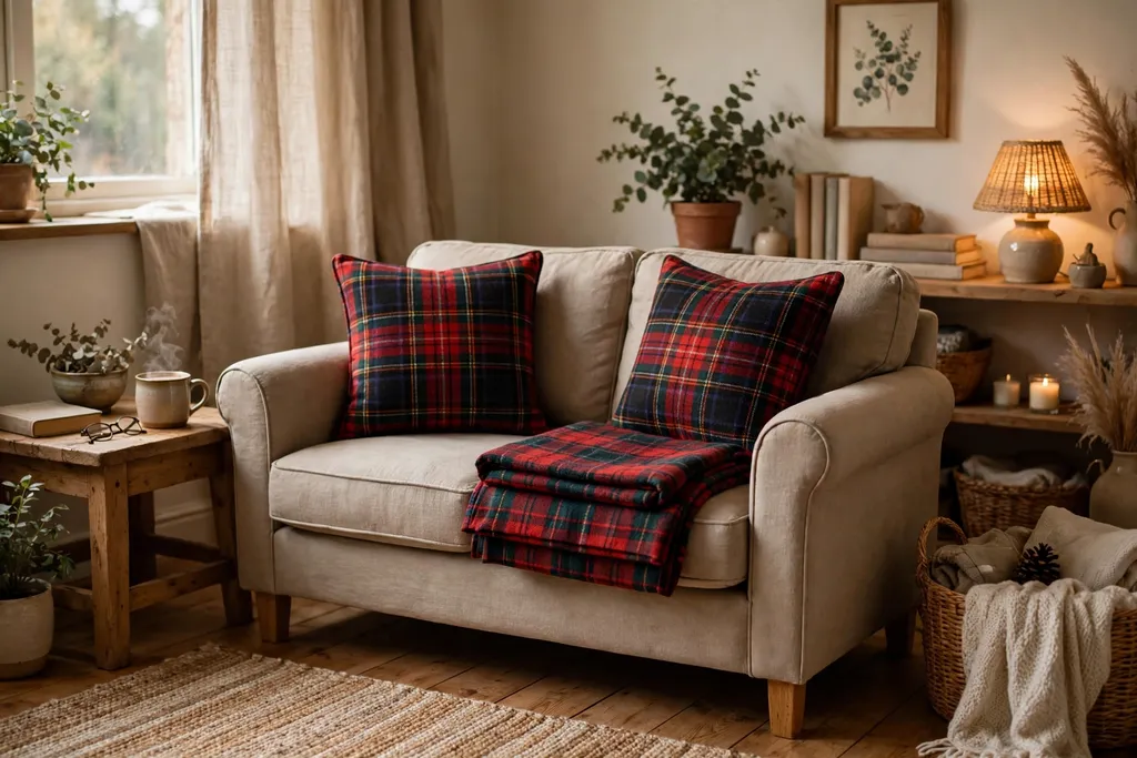 Small sofa with tartan cushions and a folded tartan throw in a cozy living room.