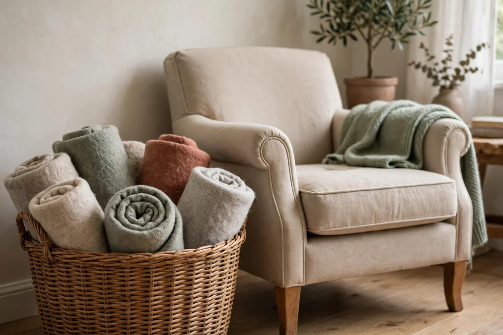 Woven basket of rolled wool throws beside an armchair.